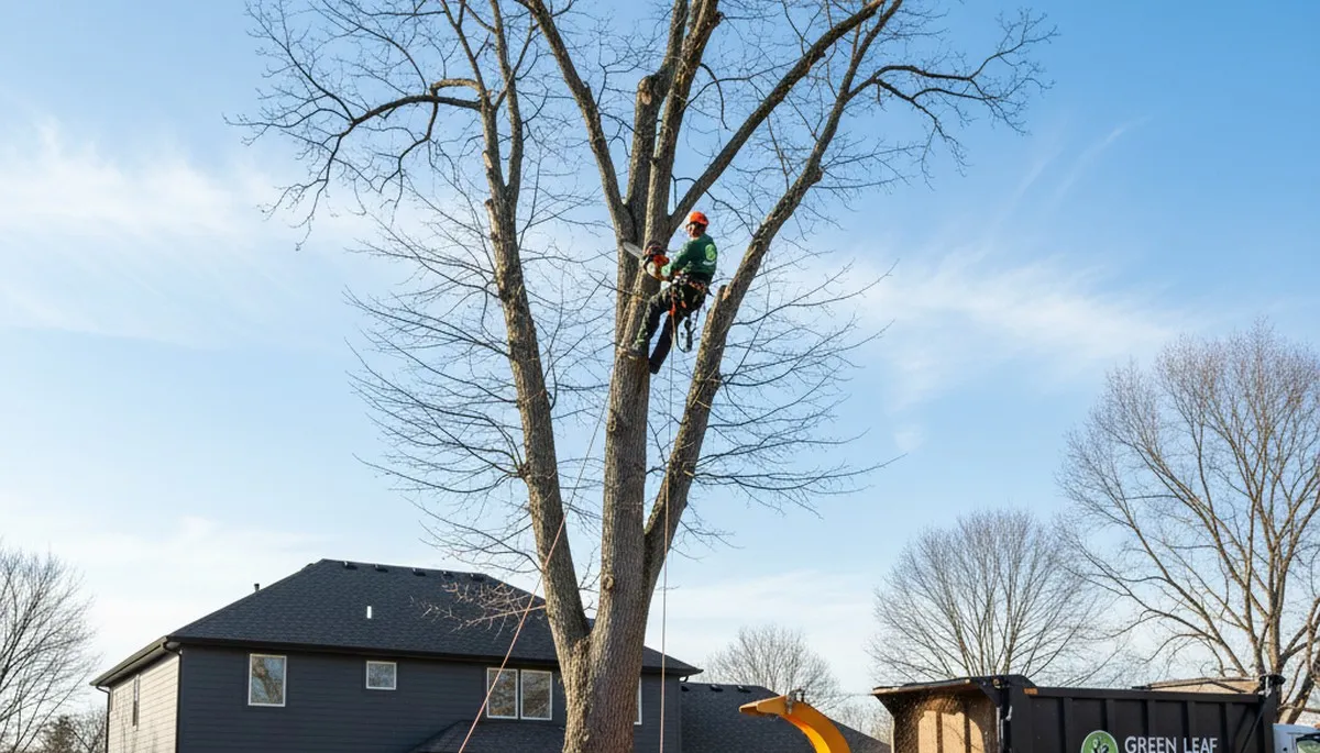 Professional tree removal crew cutting down large oak tree in Royal Oak, MI